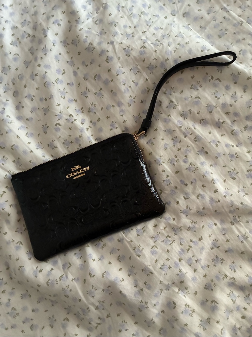 Coach Black Patent Wristlet with Gold Logo